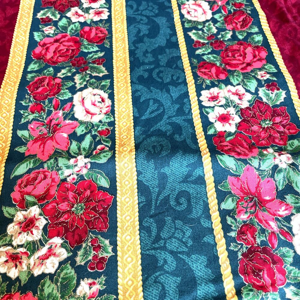 Christmas Table Runner Red Roses Poinsettia Damask Floral 13.5 X 70” Handmade